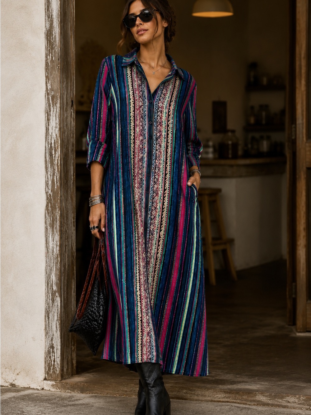 Andrée by Unit Boho Southwestern Embroidered Stripe Midi Dress NWT M